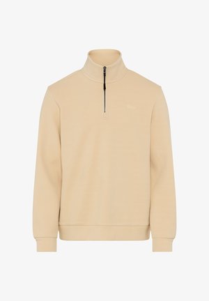 Pullover beige a mezza zip con collo alto, maniche lunghe, polsini e orlo a costine, e un piccolo logo del marchio sul petto.