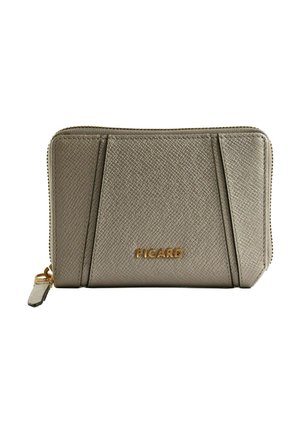 Portefeuille gris texturé avec fermeture éclair, logo doré « PICARD » et tirette assortie, présenté fermé sur fond blanc.