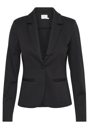 Black blazer with a notched lapel, long sleeves, single button closure, and two front pockets. Made from smooth, structured fabric.