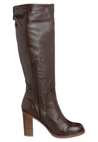 Botte haute jusqu'au genou en cuir marron avec un design élégant, une fermeture éclair latérale et un talon bloc à finition texturée.