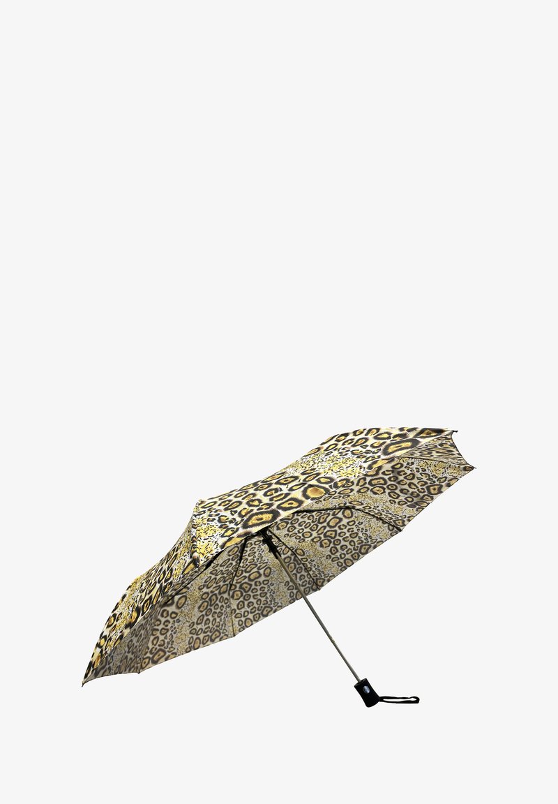 Compact umbrella with a multicolored animal print pattern. Features a metallic silver shaft and a black plastic handle.