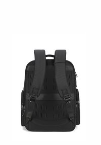 Zaino nero con spallacci imbottiti, pannello posteriore ergonomico, tasche con zip e un design elegante e moderno. Realizzato in materiale resistente.