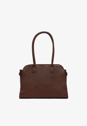 Pruun nahkane käekott struktureeritud disainiga, ümmargune ülaosa, kaks piklikku käepidet ja minimaalne metallist lisandus. Sile tekstuur, ilma nähtavate mustriteta.