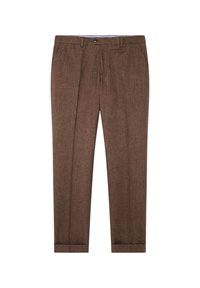 Braune maßgeschneiderte Hosen mit feiner Textur, Falten, einem Knopfverschluss und Abschlüssen am Saum. Geeignet für formelle oder halb-formelle Anlässe.