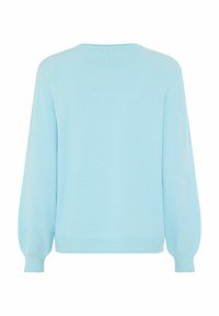 Himmelblauer, gestrickter Pullover mit langen Ballonärmeln und geripptem Saum. Verfügt über einen klassischen Rundhalsausschnitt und eine weiche Textur. Nur Rückansicht.