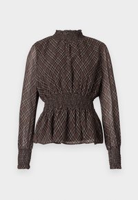 Brun rutete bluse med en smykket midje, lange ermer og rynket hals. Det lette stoffet har et strukturert, teksturert design.