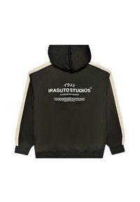 Giacca nera con cappuccio e accenti laterali color crema. Presenta grande testo bianco sul retro, polsini e orlo a costine. Texture liscia e opaca.