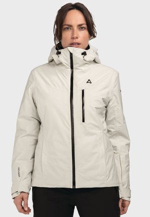 Helle wasserabweisende Jacke mit hohem Kragen, schwarzen Reißverschlusstaschen und verstellbare Kapuze. Glatte Textur mit tailliertem Design.