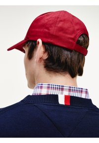 Person sedd bakifrån som bär en röd baseballkeps, rutigt skjortkrage och en marinblå jumper med röd, vit och blå randdetalj.