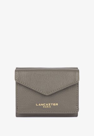 Gray leather wallet with a textured finish, featuring a triangular flap, stitched edges, and gold "Lancaster Paris" logo at the bottom.
