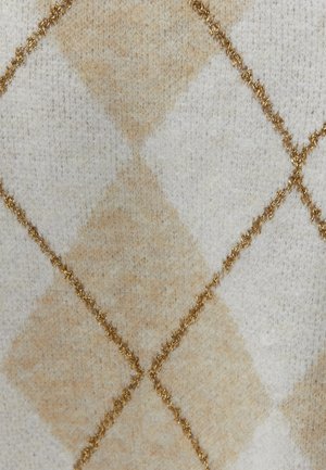 Beige en witte gebreide stof met een diamantpatroon, geaccentueerd met gouden stiksels. Zachte textuur met een subtiele glans van het metalen draad.