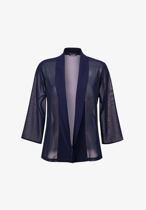 Cardigan kimono en voile navy avec des manches trois quarts, une ouverture sur le devant, un design superposé et une texture lisse. Pas de matériel ou de motifs visibles.
