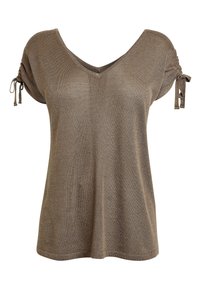 Top de punto marrón de manga corta con cuello en V y mangas fruncidas atadas con lazos.