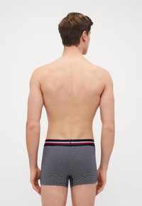 Herren Boxerbriefs in grau und marineblauen Streifen, mit einem einfarbigen Bund, der mit roten und weißen Linien akzentuiert ist, aus einem elastischen Stoff gefertigt.
