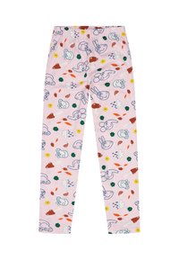 Leggings rose clair avec des motifs ludiques d'animaux, de fleurs et de feuilles en bleu, rouge, vert et jaune. Taille élastique pour plus de confort.