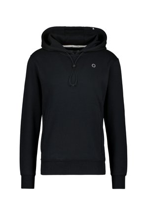 Felpa nera realizzata in materiale morbido, con cappuccio regolabile, tasca a marsupio frontale, polsini a coste e un piccolo logo sul petto.