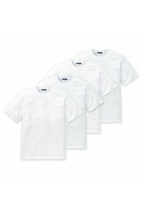 Four white cotton t-shirts featuring a crew neck and short sleeves, with a smooth texture and no visible patterns or accents.