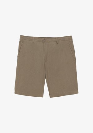 Męskie beżowe casualowe szorty bawełniane z zapięciem na guziki, szlufkami na pasek i bocznymi kieszeniami.