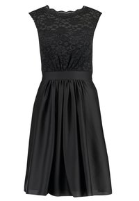 Robe noire avec un corsage en dentelle et une jupe en satin. Dotée d'un col rond, de manches courtes et d'une taille plissée. Design classique.