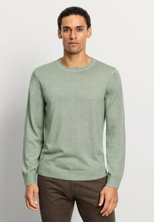 Light green sweater with long sleeves and a crew neckline, made of soft material, featuring a smooth texture and ribbed hem.