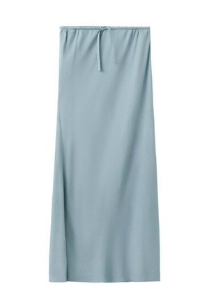 Falda larga de color azul claro con cintura elástica y cordón delantero, fabricada con tela suave y lisa.