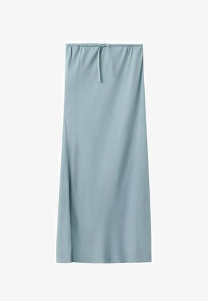 Lang, lyseblå nederdel med elastisk taljebånd og snøre foran, lavet af blødt, glat stof.