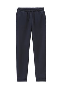 Marineblauwe sweatpants van zachte stof, met een elastische tailleband, trekkoordsluiting en zijzakken. Tapered leg ontwerp.