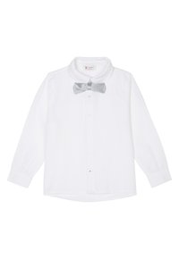 Witte lange mouwen shirt met een ronde kraag, knopen aan de voorkant en een lichtgrijze strik. Heeft een blauwe accent vlakbij de onderste knoop.