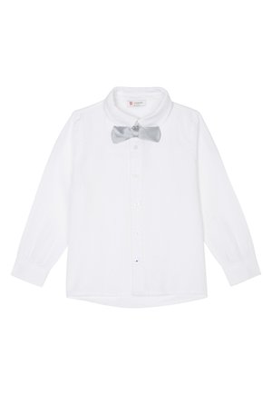 White long-sleeve shirt with a rounded collar, front buttons, and a light gray bow tie. Features a blue accent near the bottom button.