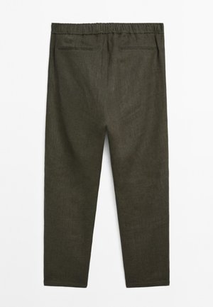 Dark green, linen blend pants with an elastic waistband, featuring two back pockets and a tapered leg design. Smooth texture throughout.