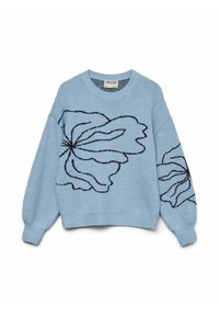 Svijetloplavi oversized pulover s dugim rukavima, s crnim cvjetnim uzorkom na prednjem dijelu i rukavima. Izrađen od mekog pletenog materijala.