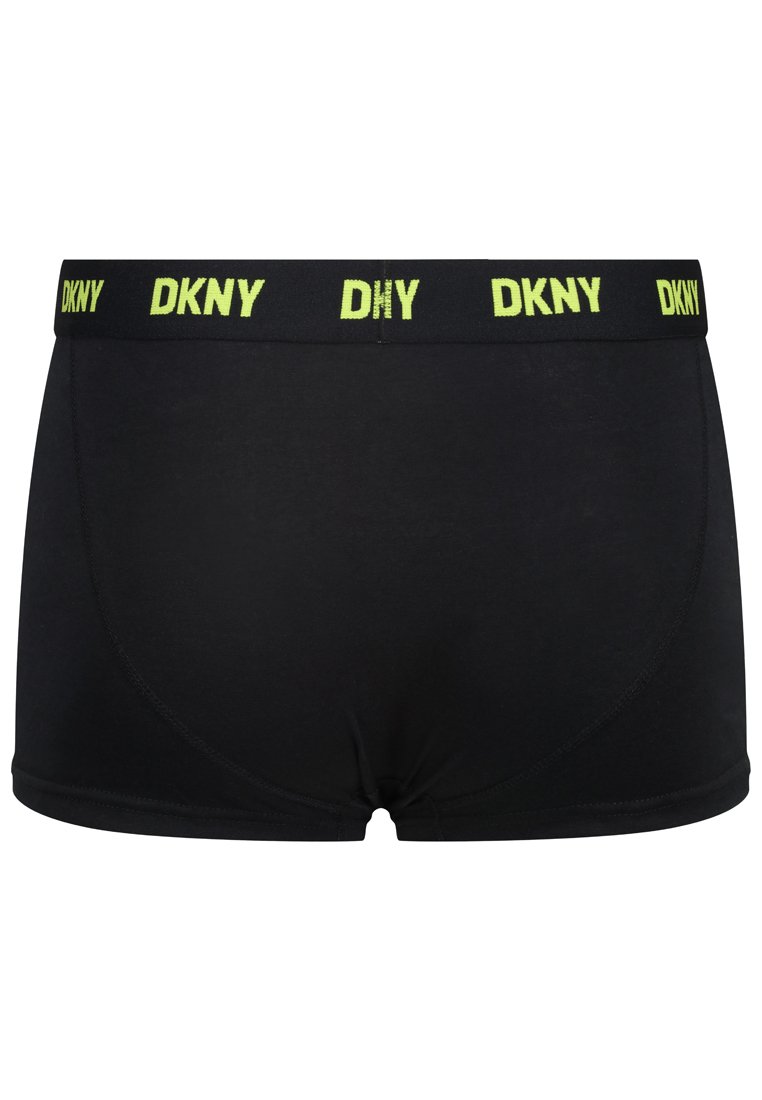 Boxer shorts de algodón negro con una cinturilla de logo que presenta "DKNY" en amarillo neón. Textura suave y diseño ajustado, adecuados para el uso diario.