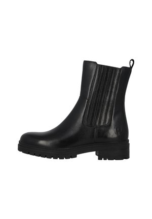 Sort læderankelstøvle med elastisk sidepanel, trækstrop bagpå og tyk slidbanesål.