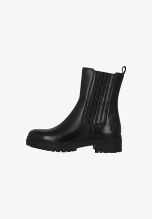 Bottine en cuir noir avec panneau élastique sur le côté, languette à l'arrière et semelle épaisse à crampons.