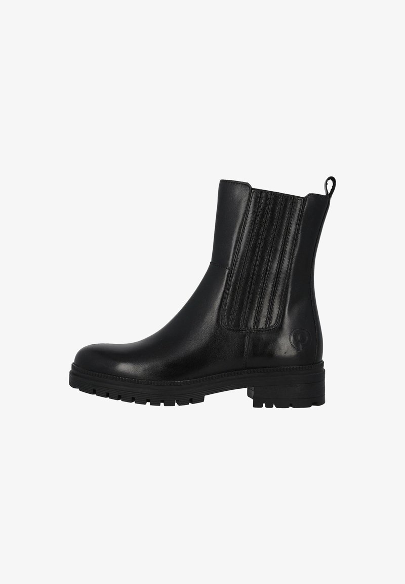 Bottine en cuir noir avec panneau élastique sur le côté, languette à l'arrière et semelle épaisse à crampons.