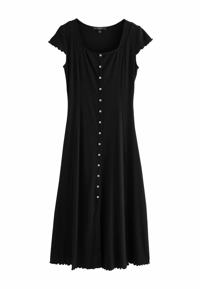 Robe midi noire à manches courtes avec encolure arrondie et boutons blancs sur le devant, confectionnée dans un tissu doux et fluide avec des bords légèrement froncés.