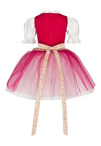 Pink dress with a fitted bodice, short puff sleeves, and a layered tulle skirt. A floral-patterned ribbon ties at the waist.