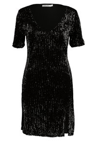 Svart paljettklänning med V-ringning, korta ärmar och veckad struktur. Har sidoöppningar för extra detalj och en figurnära silhuett.