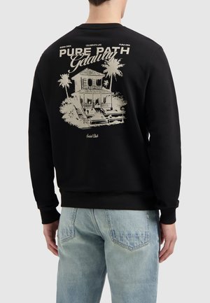 Zwarte sweatshirt met een grafische print van een huis en palmbomen op de achterkant. Ribgebreide manchetten en zoom, gemaakt van een zachte, getextureerde stof.