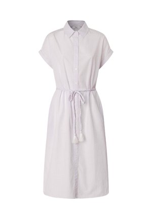 Ribaga nööbiga kleit helesinises ja valges, lühikesed varrukad, vöö vööl tupsudega, põlvekõrgune, lõdvestatud lõige, puuvillane materjal.