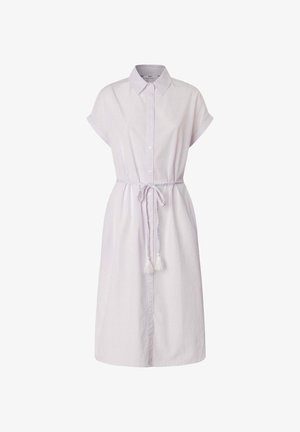 Ribaga nööbiga kleit helesinises ja valges, lühikesed varrukad, vöö vööl tupsudega, põlvekõrgune, lõdvestatud lõige, puuvillane materjal.