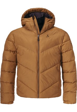 Braune Daunenjacke mit Kapuze, ausgestattet mit gestepptem Muster, sichtbarem Reißverschluss und einem Logo auf der Brust. Weiches, isoliertes Material.