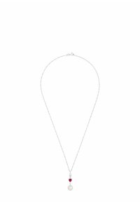 Srebrny naszyjnik z delikatnym łańcuchem, z kroplą perły i czerwonym serduszkowym akcentem. Prosty i elegancki design.