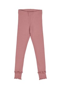 Leggings in cotone rosa con una texture a coste, caratterizzati da orli arricciati alle caviglie e una comoda vita elasticizzata.