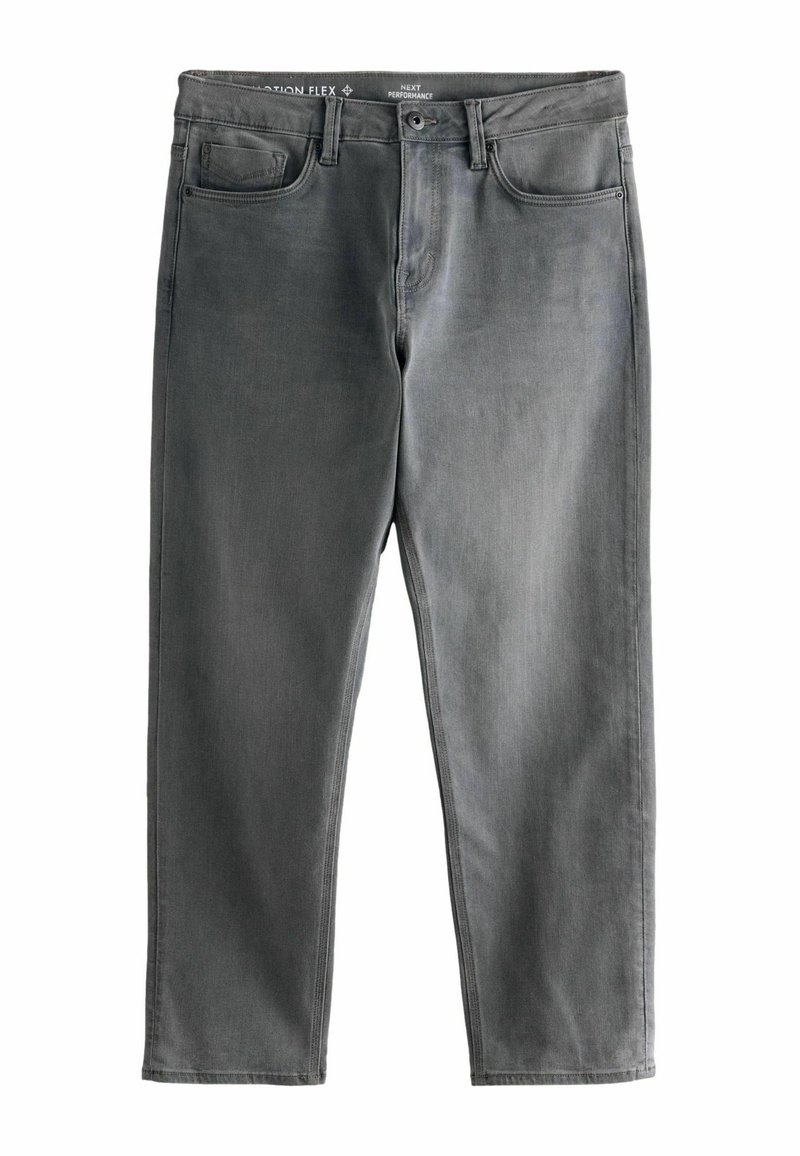 Jeans din denim gri cu un design drept. Prezentând un stil clasic cu cinci buzunare, ușoare decolorări și o textură netedă.