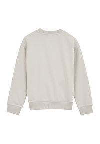 Svetlosivý sveter zo mäkkej bavlnenej zmesi, klasický výstrih, rebrované manžety a lem, voľný strih, minimalistický dizajn, žiadne viditeľné logá alebo vzory.