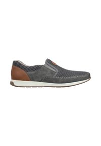 Casual slip-on shoe with grey mesh upper, suede sides, brown leather heel patch, white sole, and detailed stitching along the toe and sides.