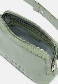 Borsa crossbody in pelle verde con chiusura a zip, dotata di hardware in tonalità argentata, interno testurizzato e marchio embossato sul davanti.