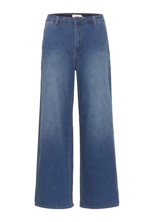 Hochgeschnittene, weite Jeans aus mitteldunklem Denim mit Fronttaschen und Kontrastnähten. Glatte Textur, lässiges Design.