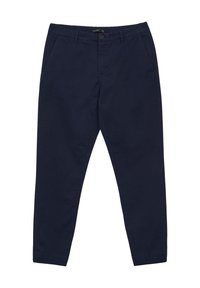 Marineblaue Chinos aus Baumwolle. Mit geradem Bein, frontalen Taschen und einem Knopfverschluss an der Taille. Glatte Textur.
